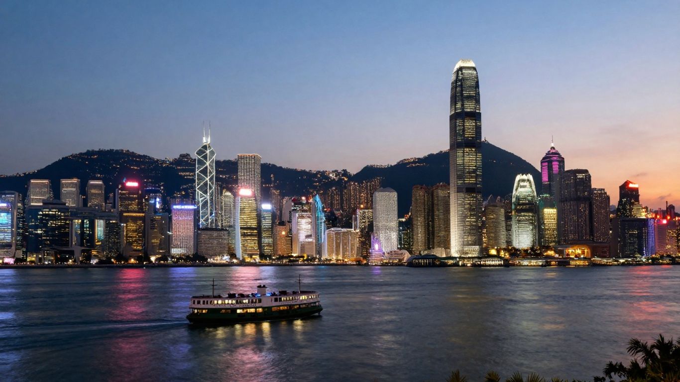 Hong Kong skyline at dusk with Victoria Harbour.