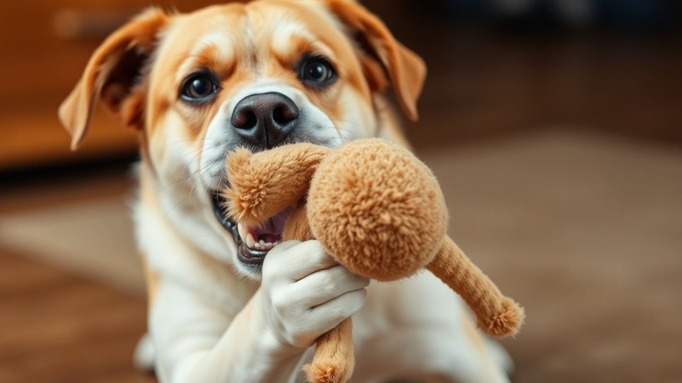 Dog playing with a durable plush toy.