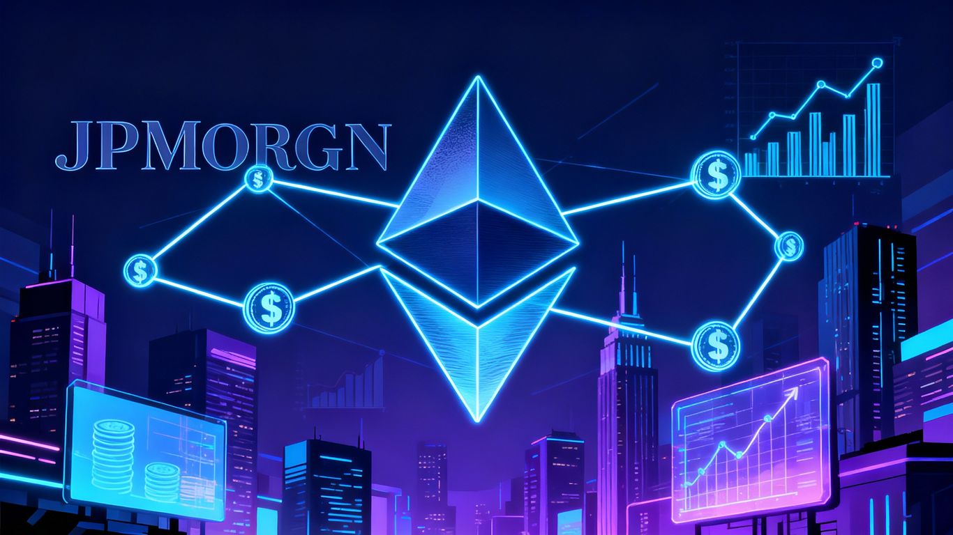 JPMorgan logo and Ethereum network merging on-chain.