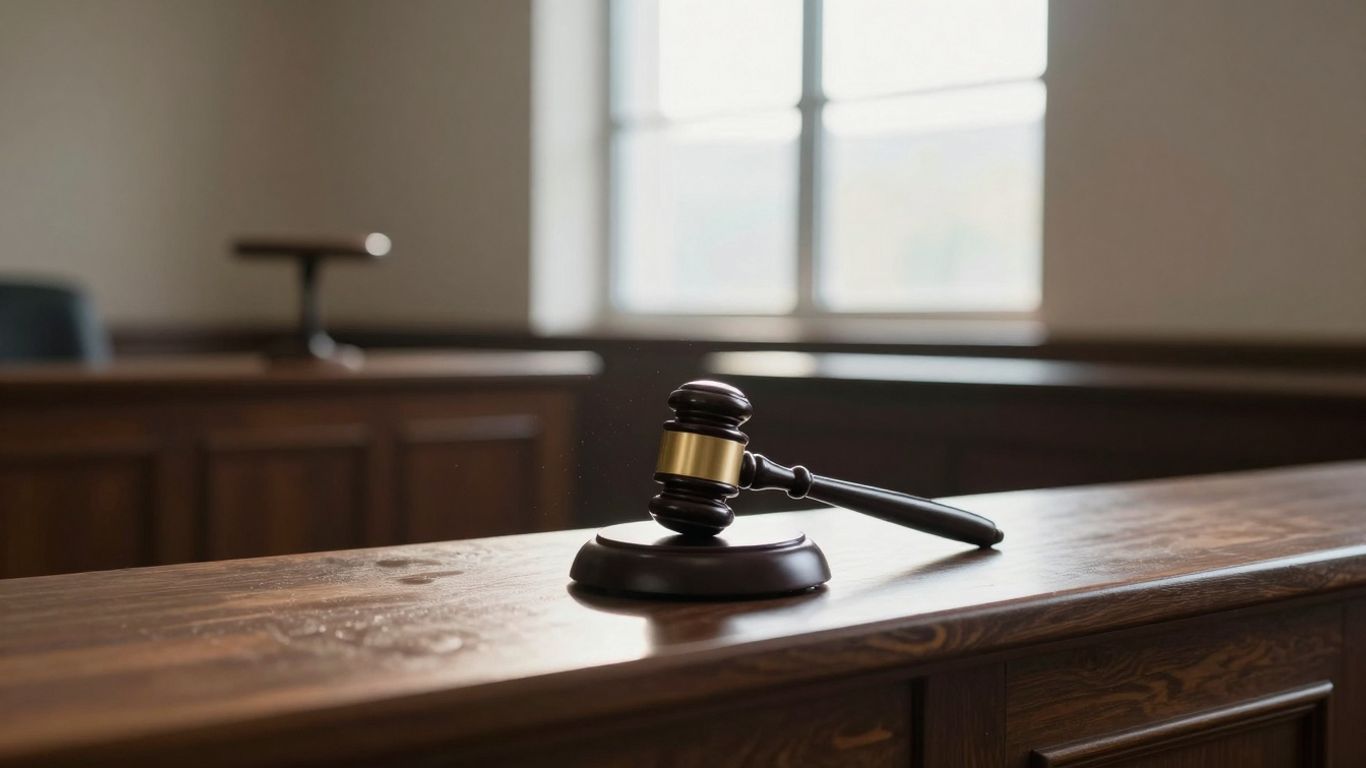Courtroom with gavel and empty witness stand.