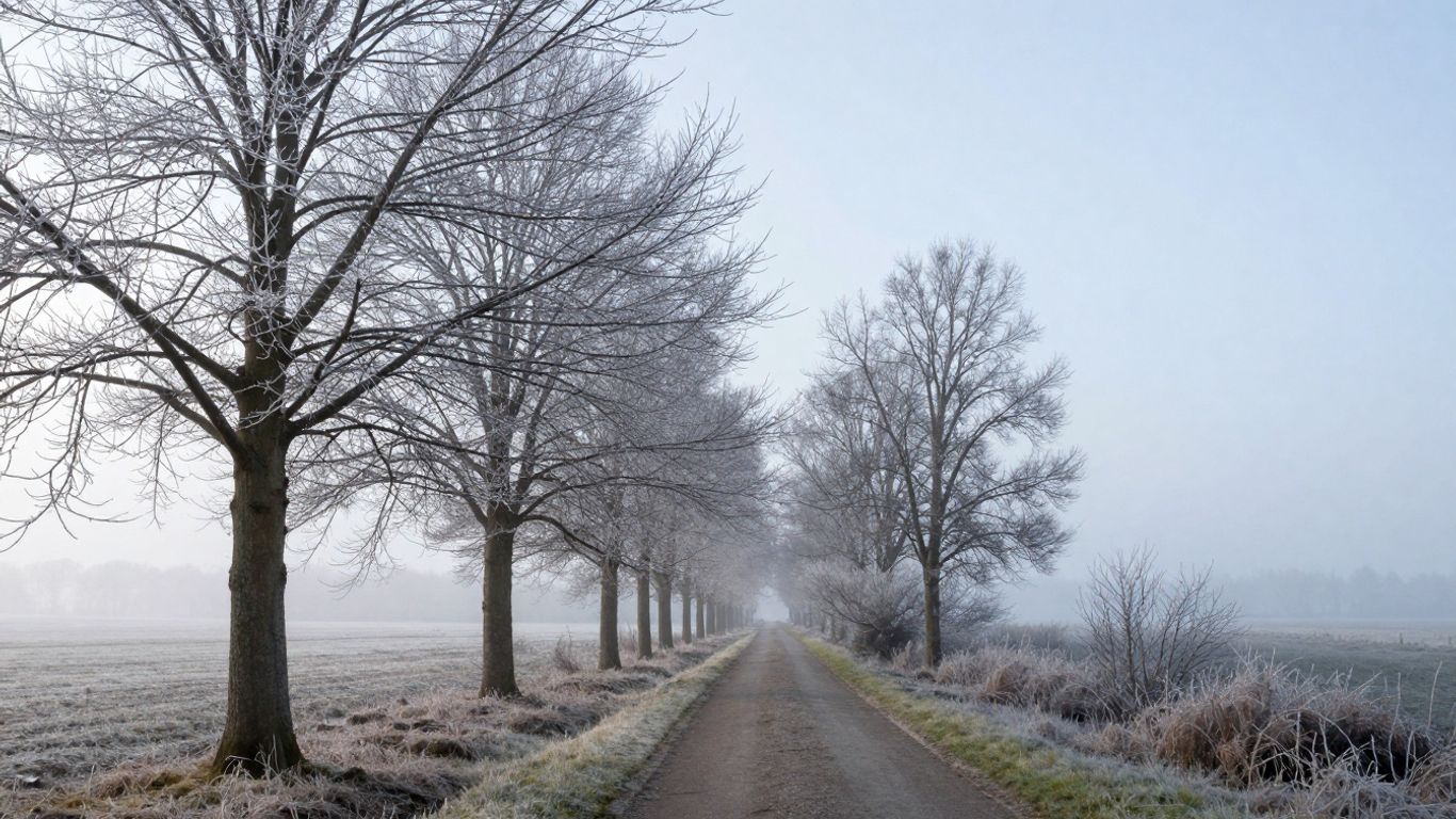 Misty winter path through De Groote Peel nature reserve