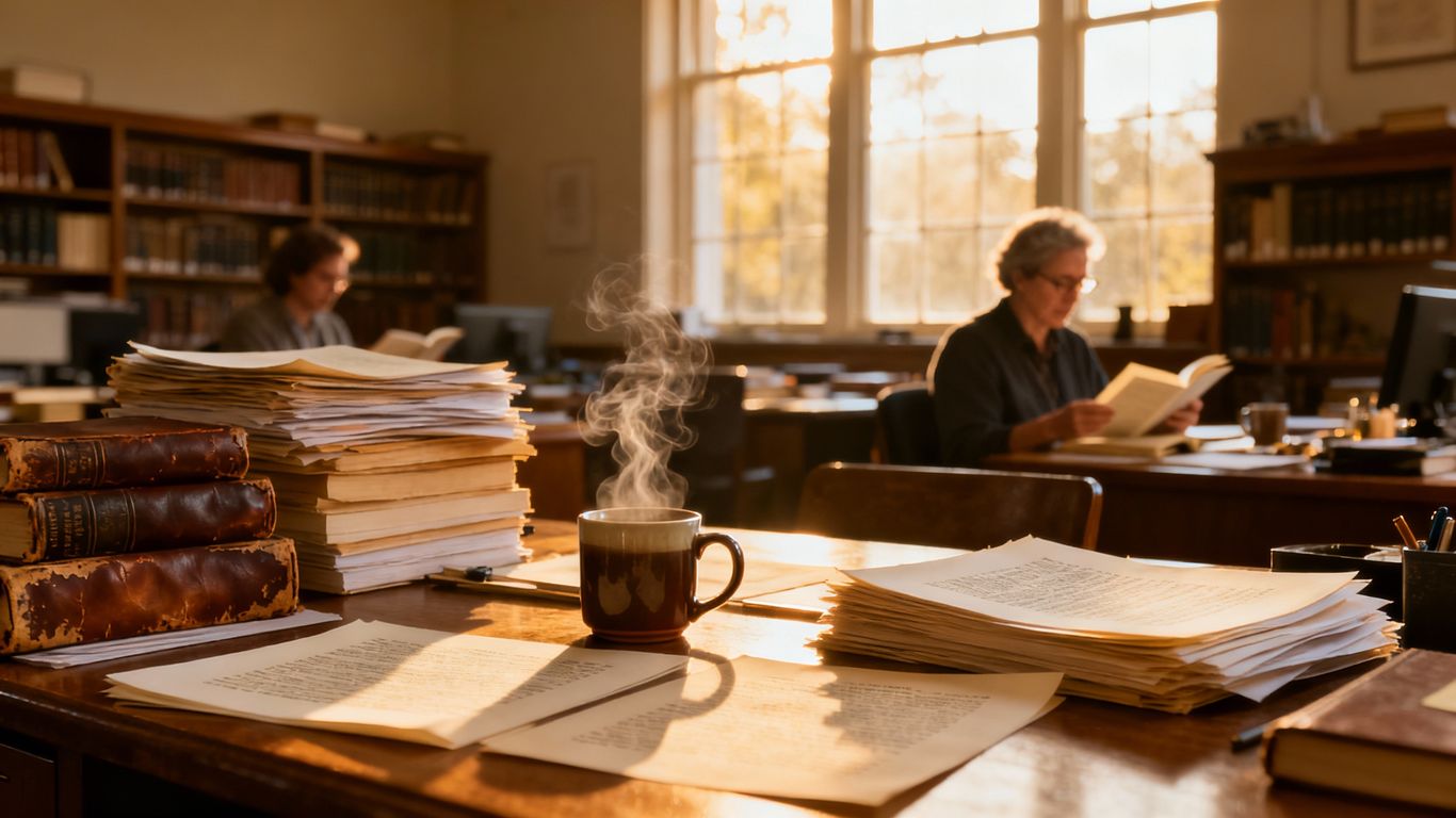 Editors reading manuscripts in a cozy office setting