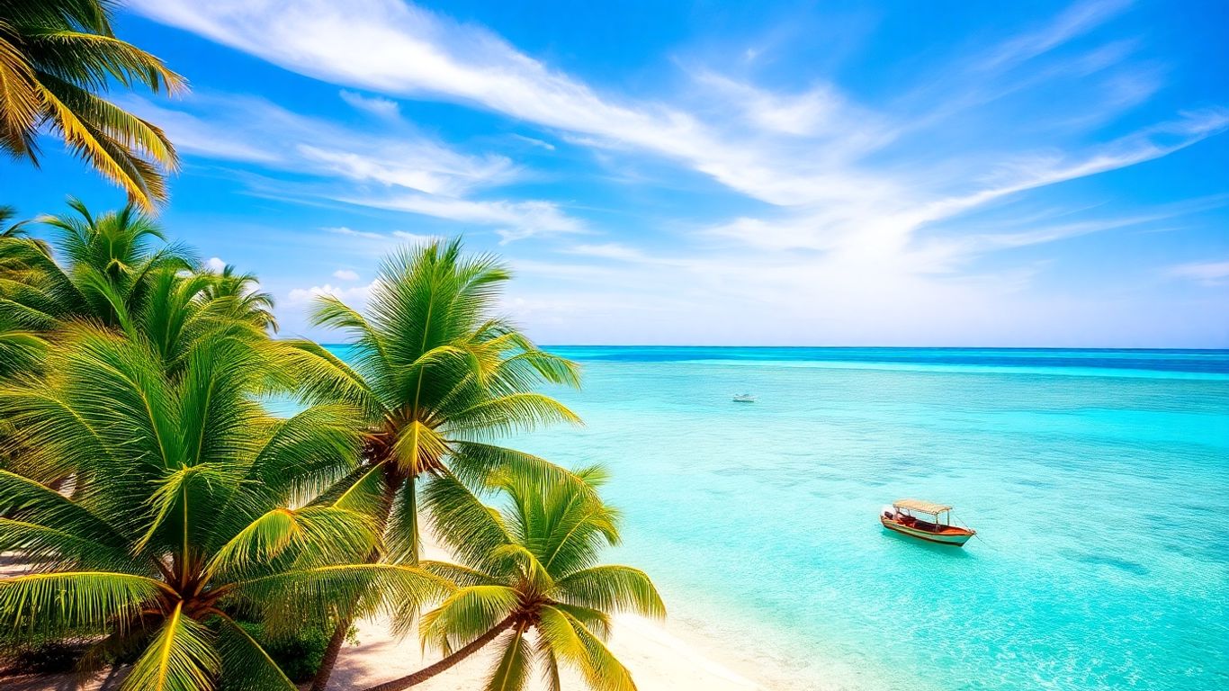 Exotic beach with palm trees and turquoise water.