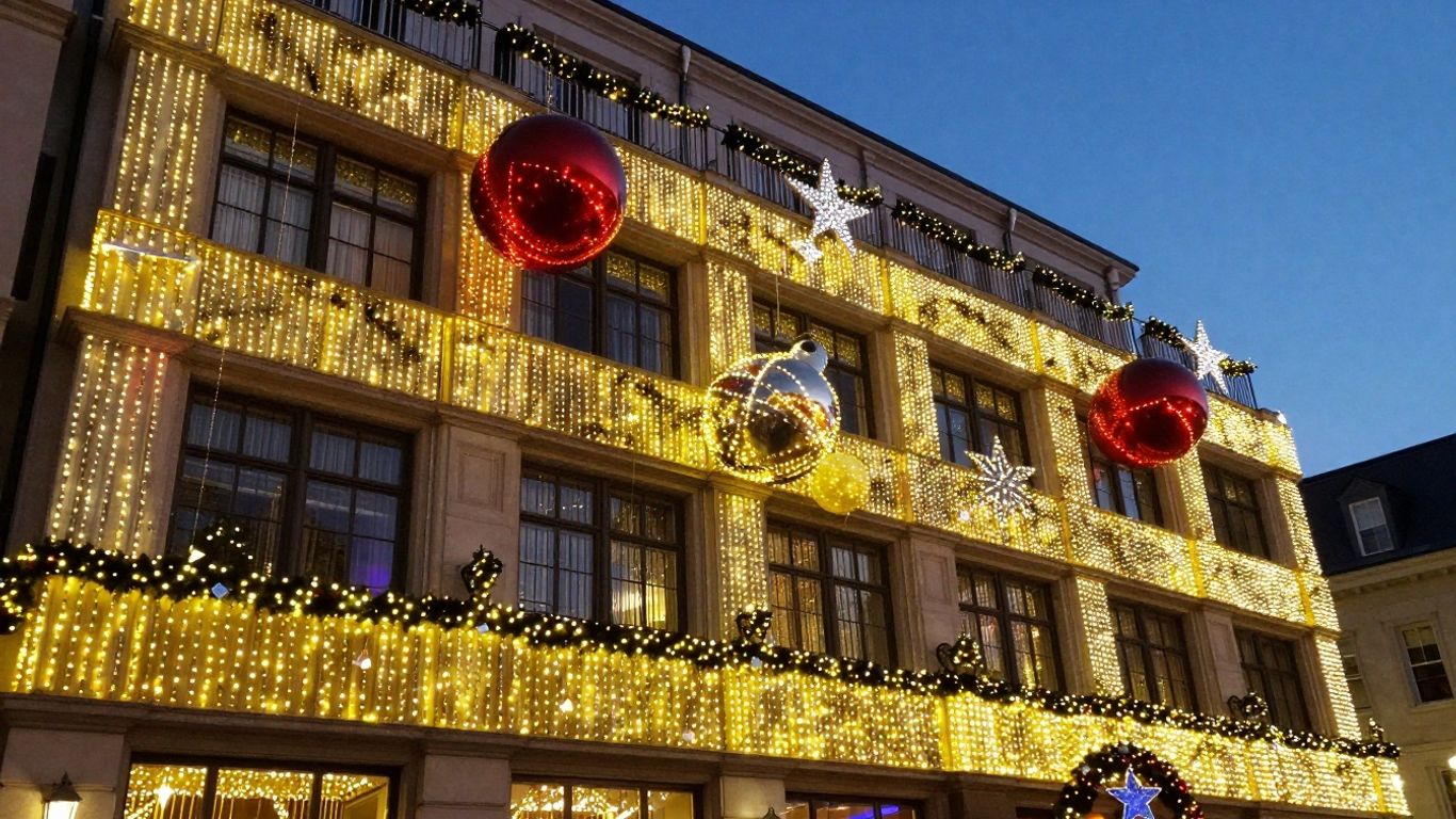 Building decorated with bright commercial Christmas lights at twilight.