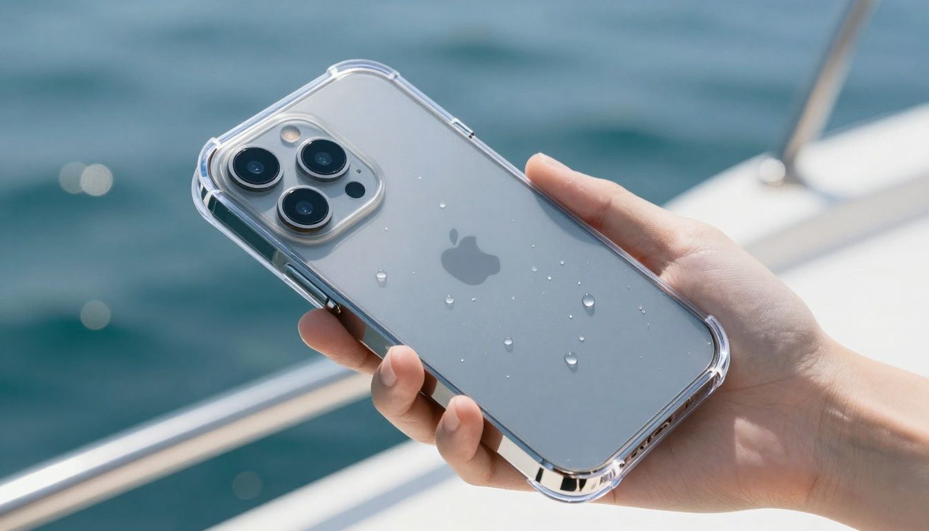 A neutral smartphone in a clear waterproof case being used on a boat, with visible water droplets and blurry marine background