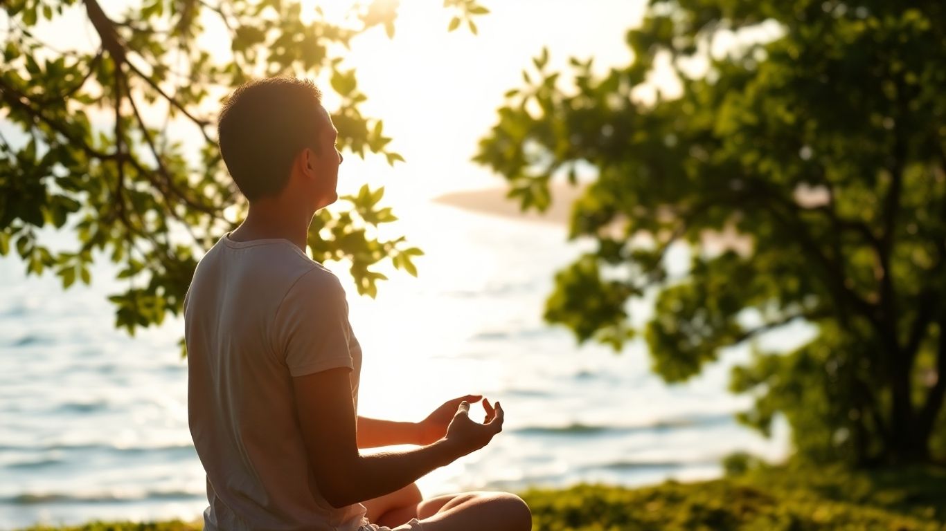 Person meditating peacefully by the ocean.