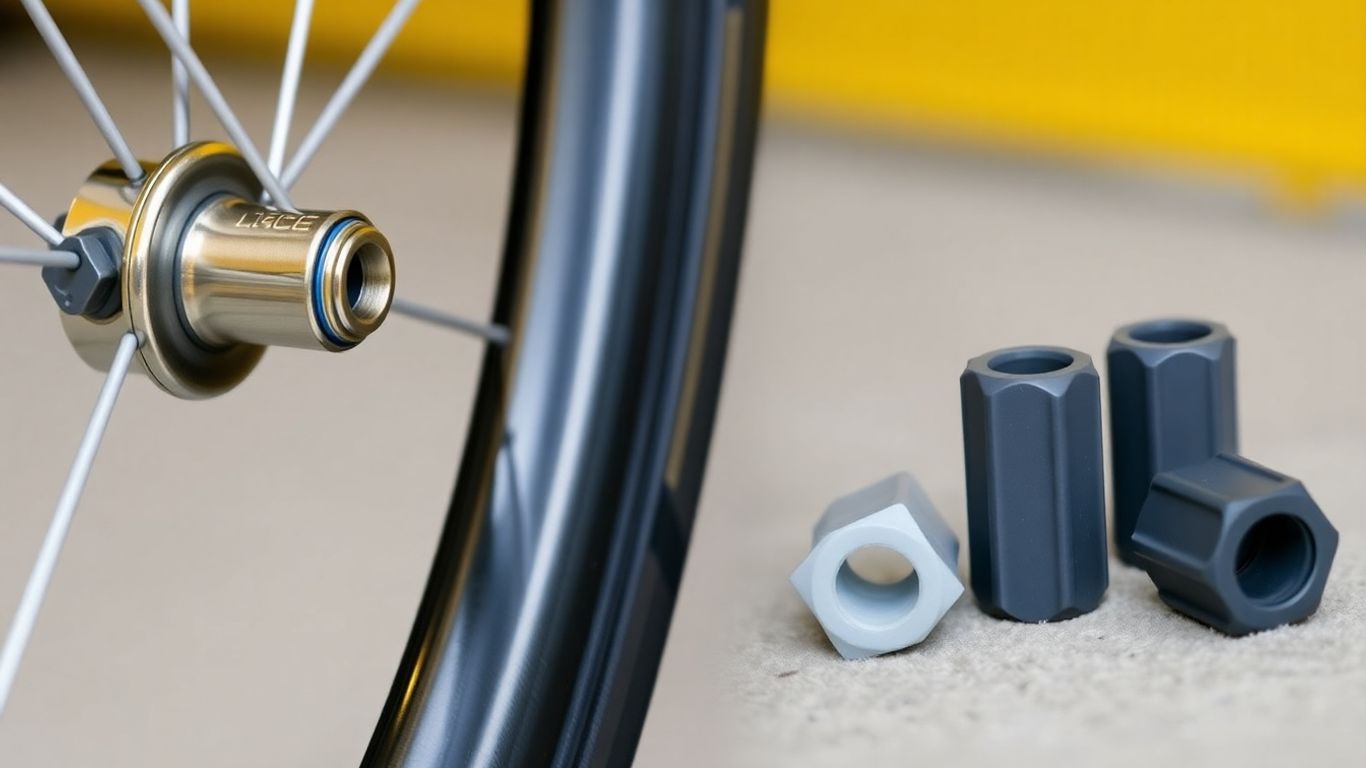 Shiny metal and plastic valve caps on a bike tire.