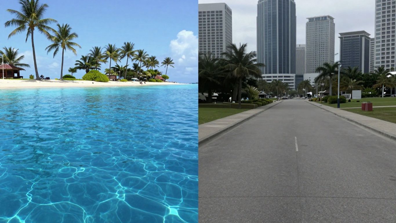 Illusionary island versus a city skyline path