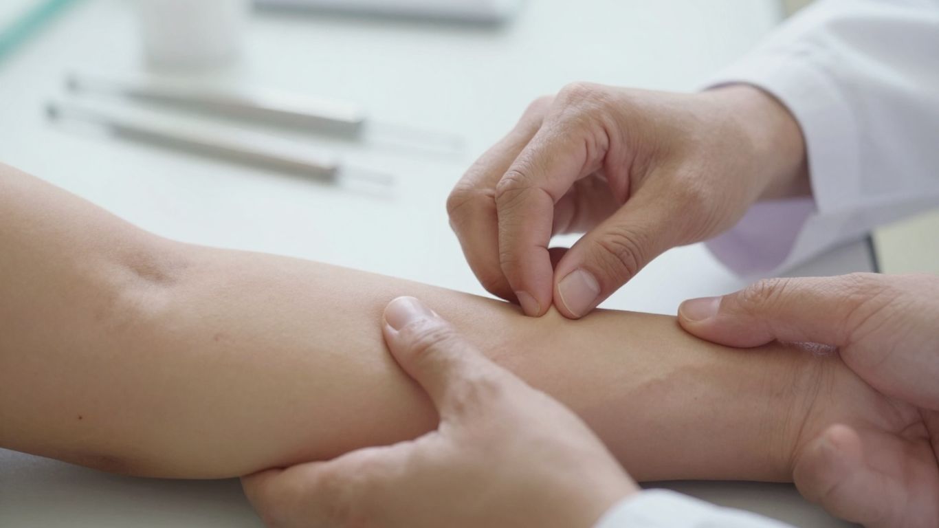 Manos de médico examinando lesión en brazo.