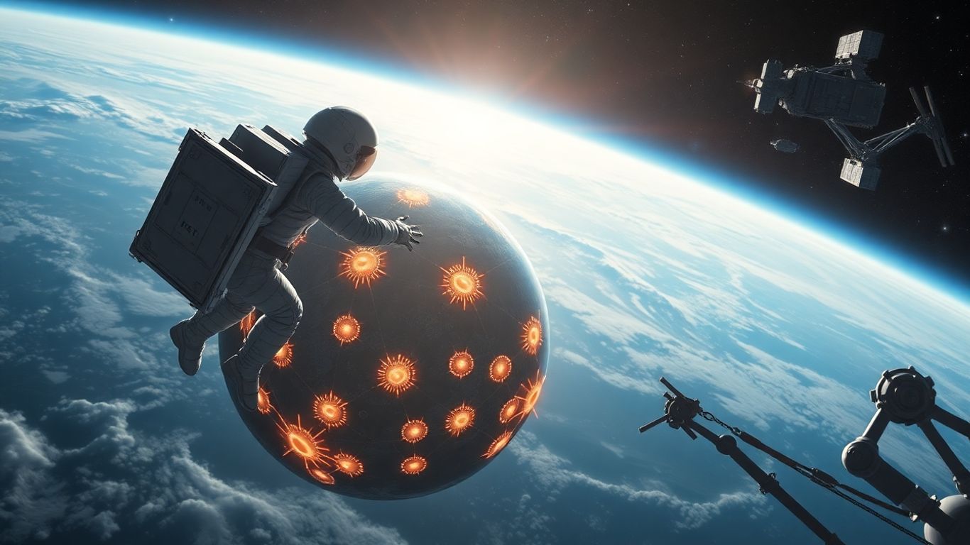 Astronaut with space AI circuits above Earth and satellites.