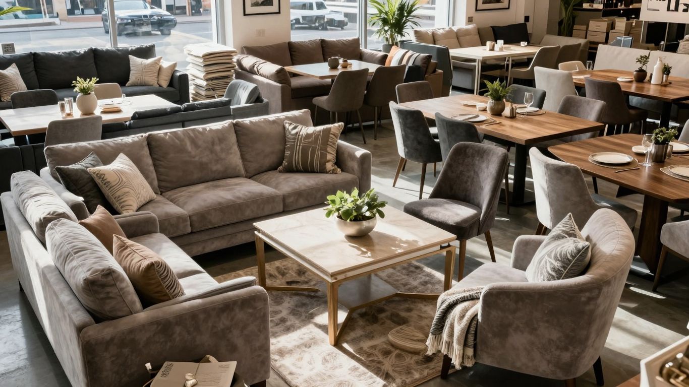 John Lewis furniture clearance outlet with sofas and tables.