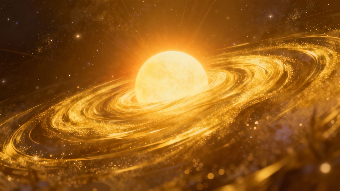 Sun radiating light, cosmic dust, mystical atmosphere.