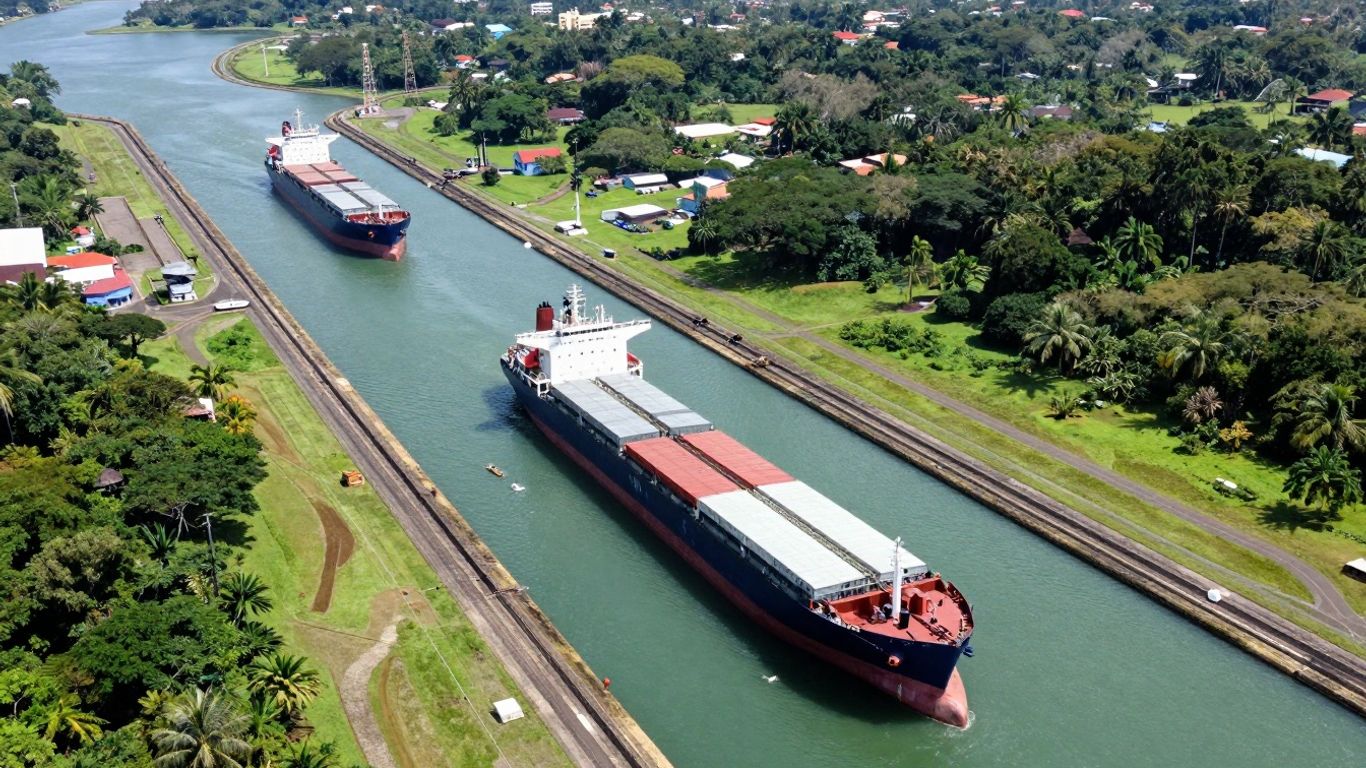 Canal de Panamá con barcos y paisaje verde.