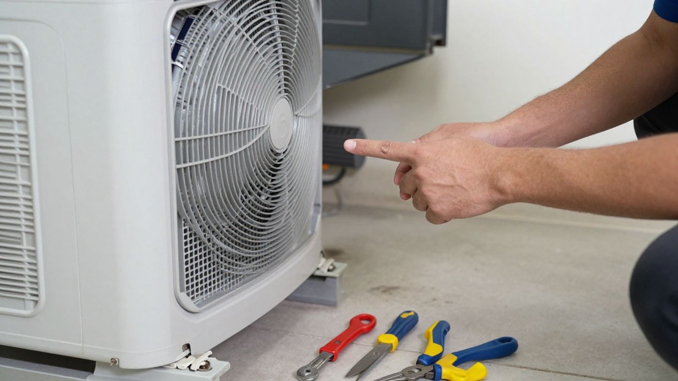 HVAC repair technician inspecting a noisy home air conditioning unit.
