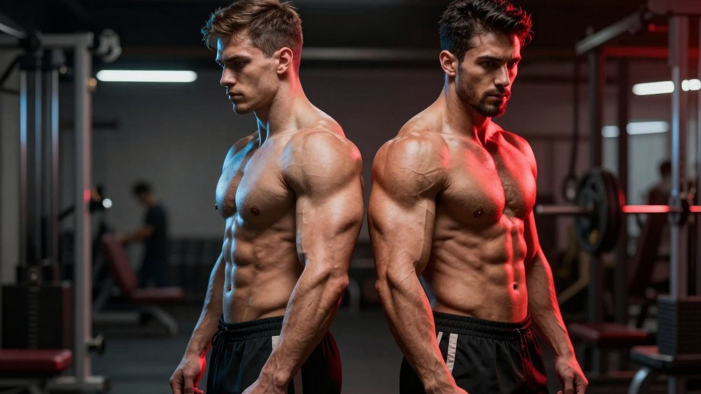 Two muscular men in a gym, one with blue aura, one with red.