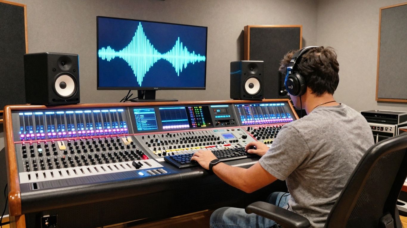Producer in a studio creating music with glowing equipment.