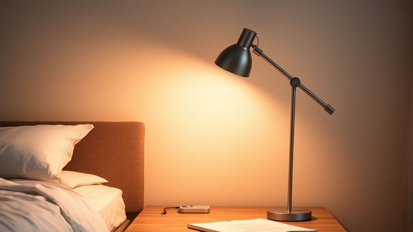 Modern desk lamp in a stylish bedroom setting.