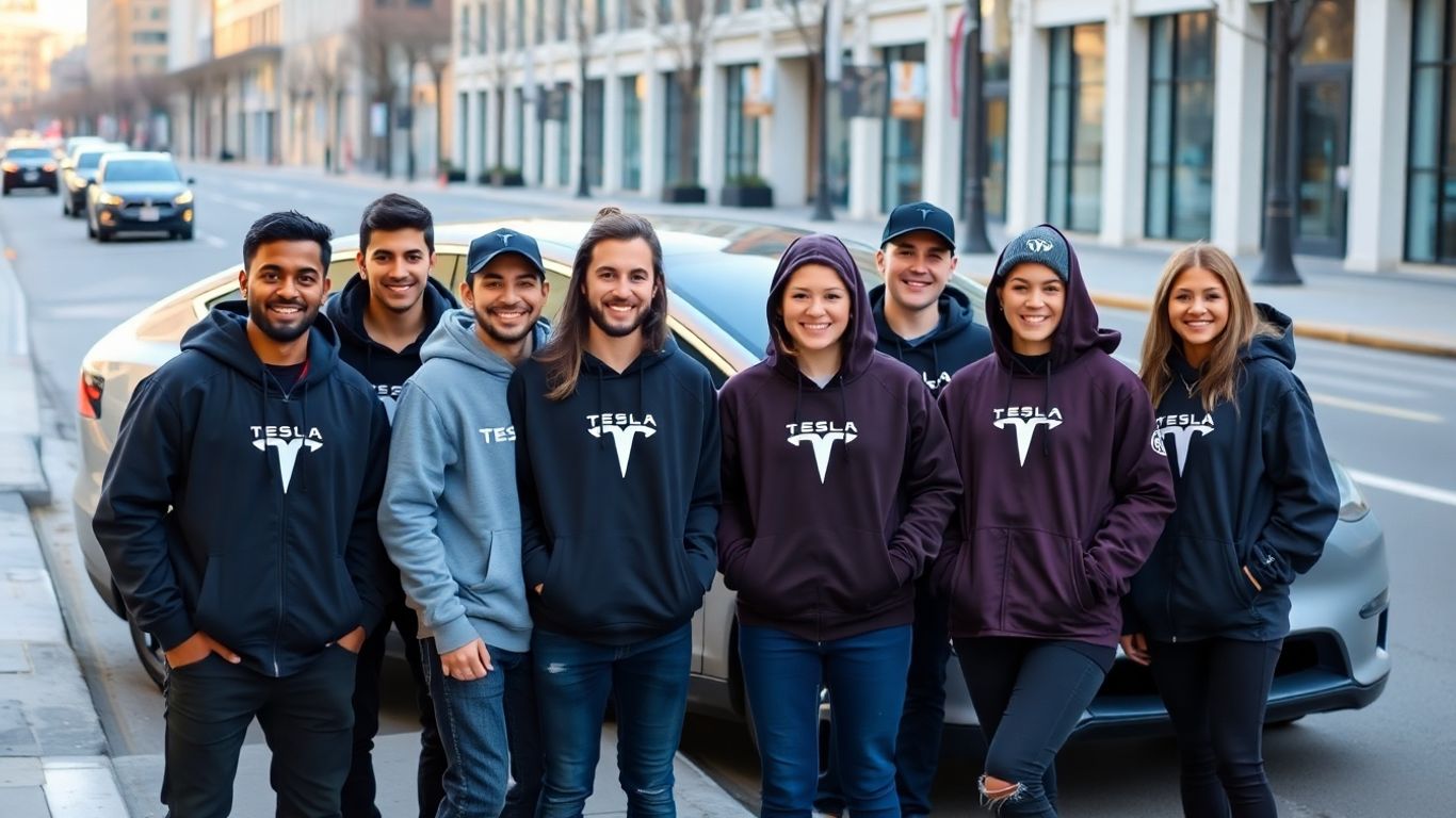 Young adults wearing new Tesla apparel near a silver Tesla