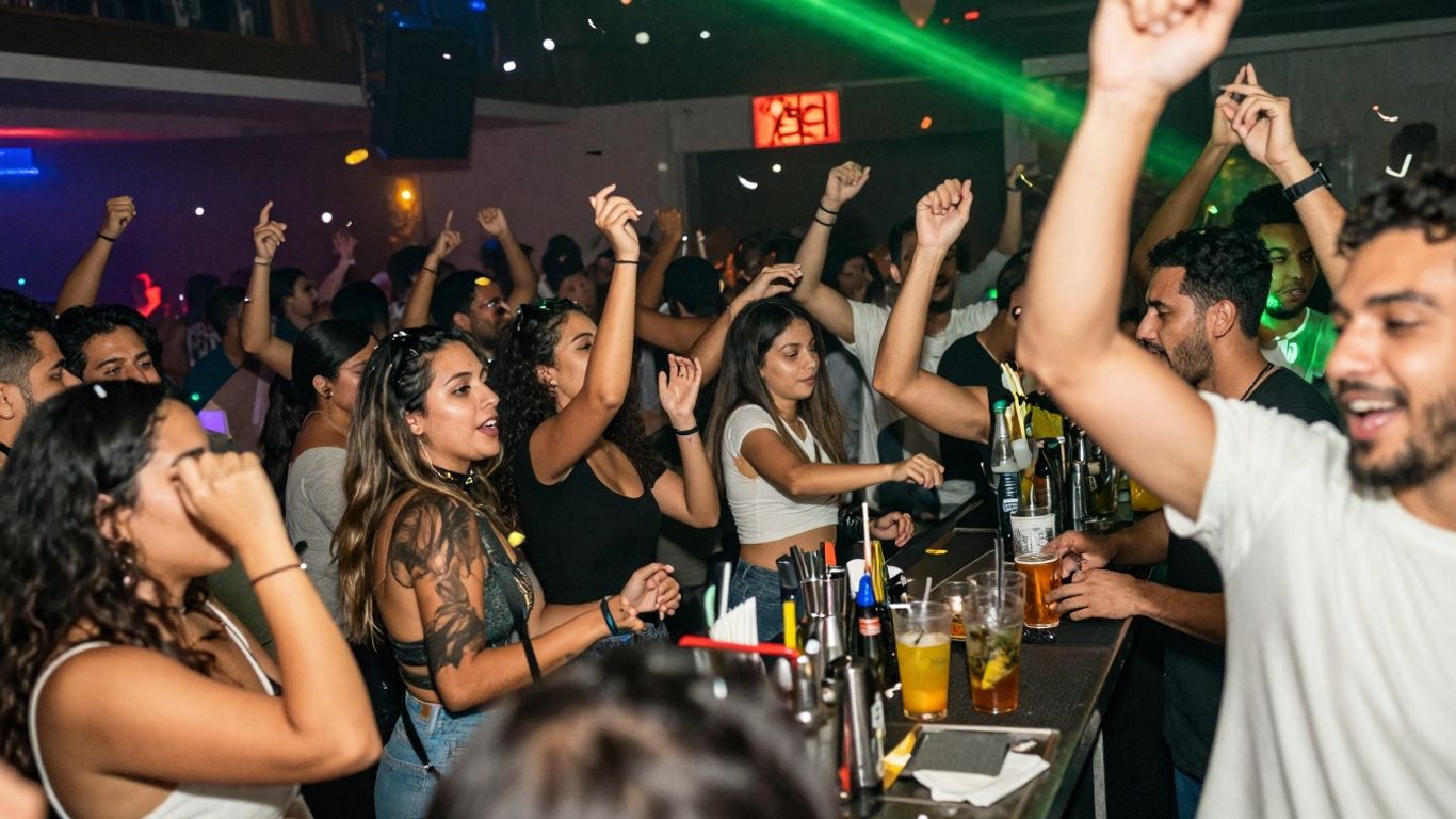 Crowded nightclub with dancing people and colorful lights.