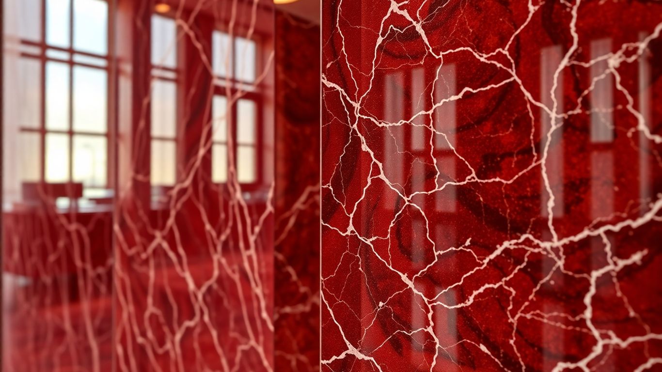 Burgundy marble mosaic wall in an elegant interior.