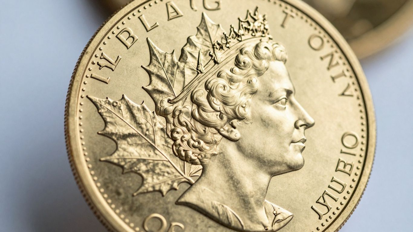 Gold Maple Leaf coin with intricate details.