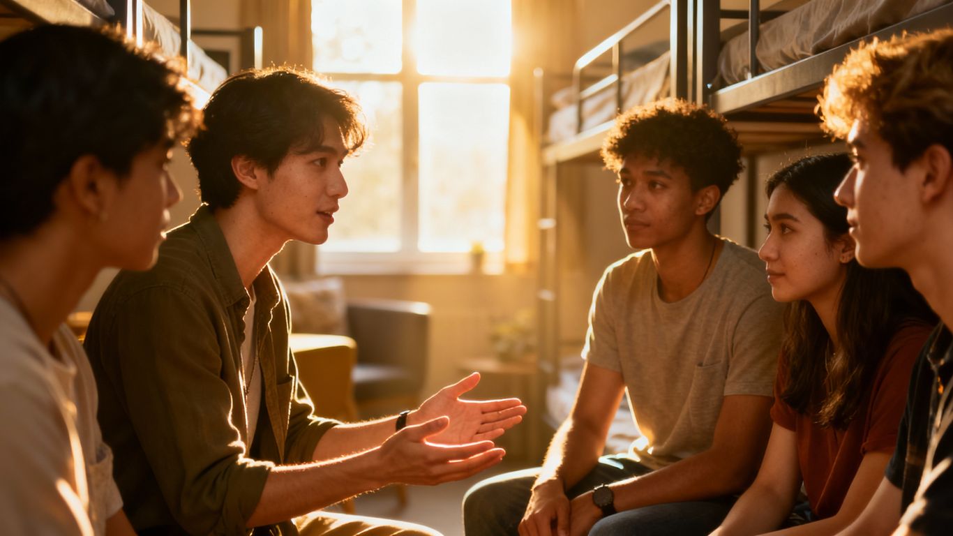 Support workers resolving conflict among hostel residents.