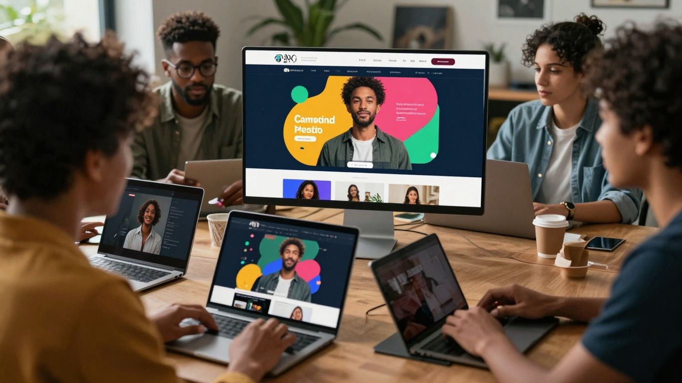 Inclusive web design with diverse users and modern interfaces.