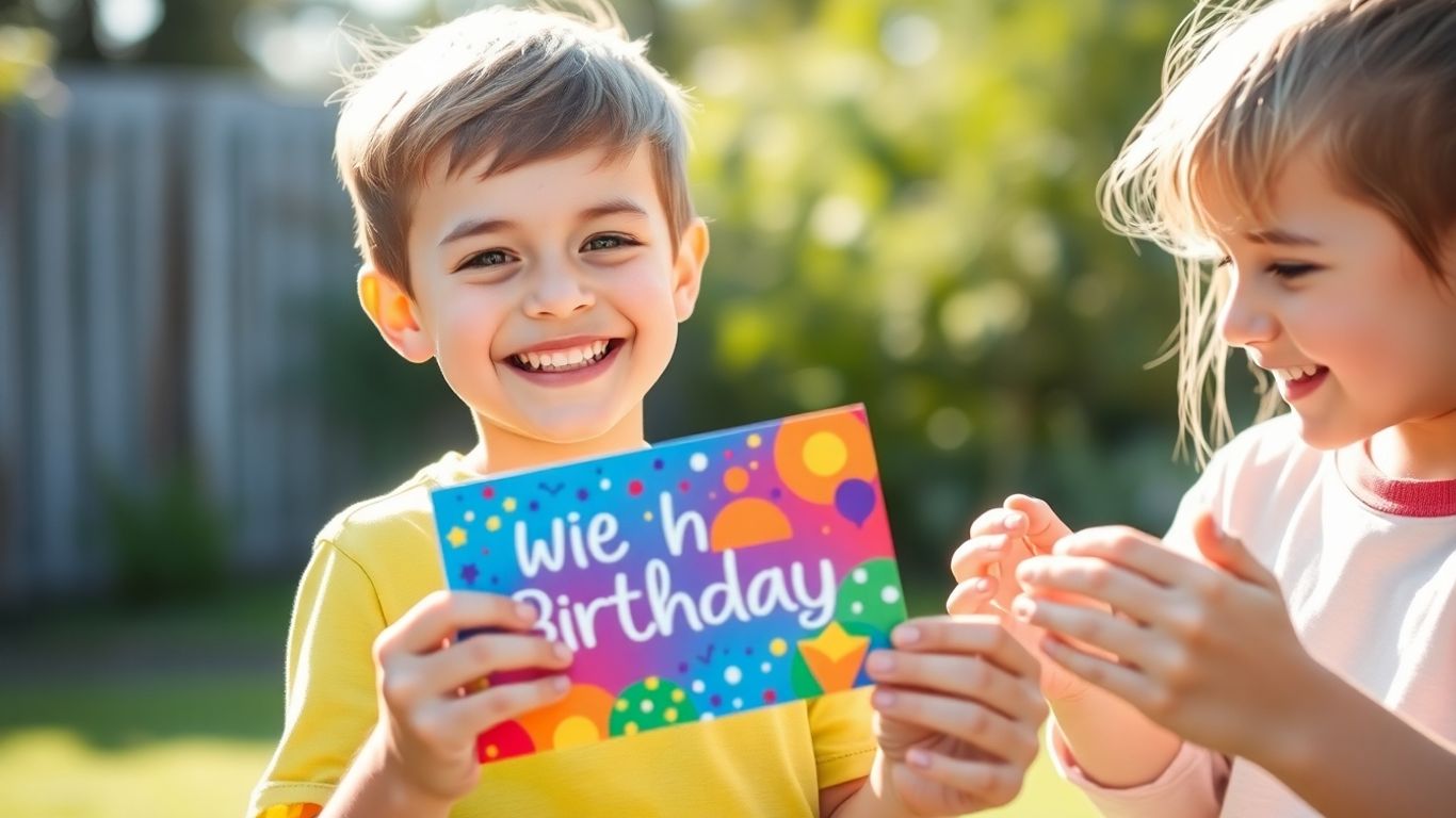 Boy happily receives affirmation birthday gift.