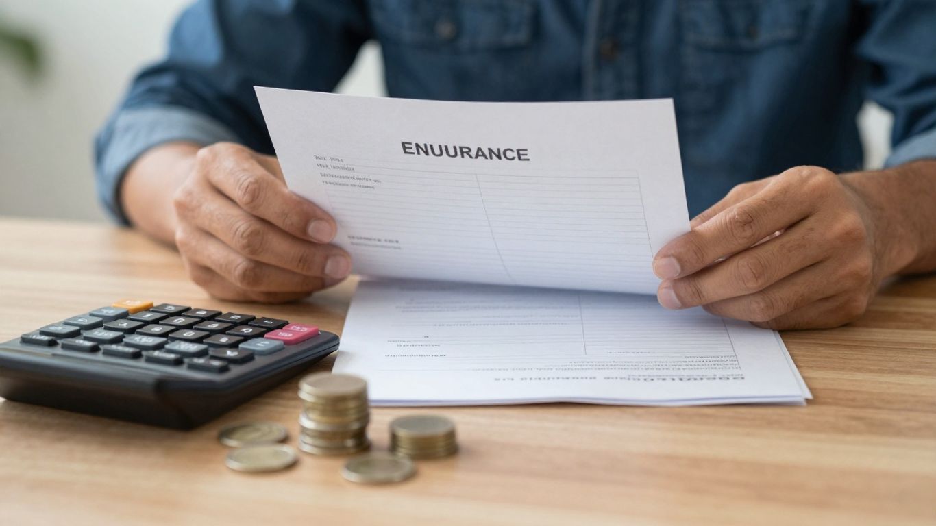 Person reviewing insurance policy documents with calculator and coins.