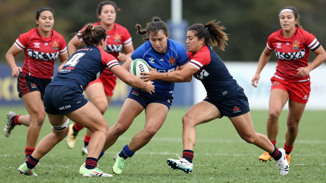 Women's rugby league players in action on the field.