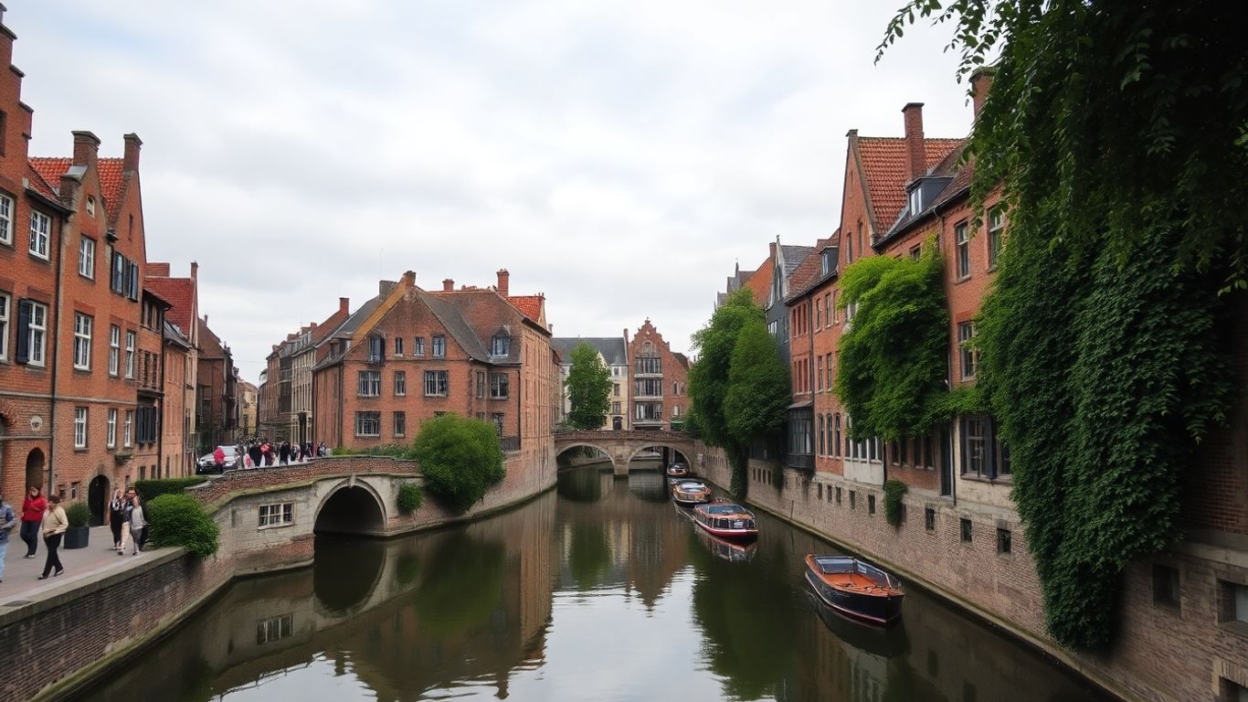 Medieval Bruges canal with stone bridge and historic houses