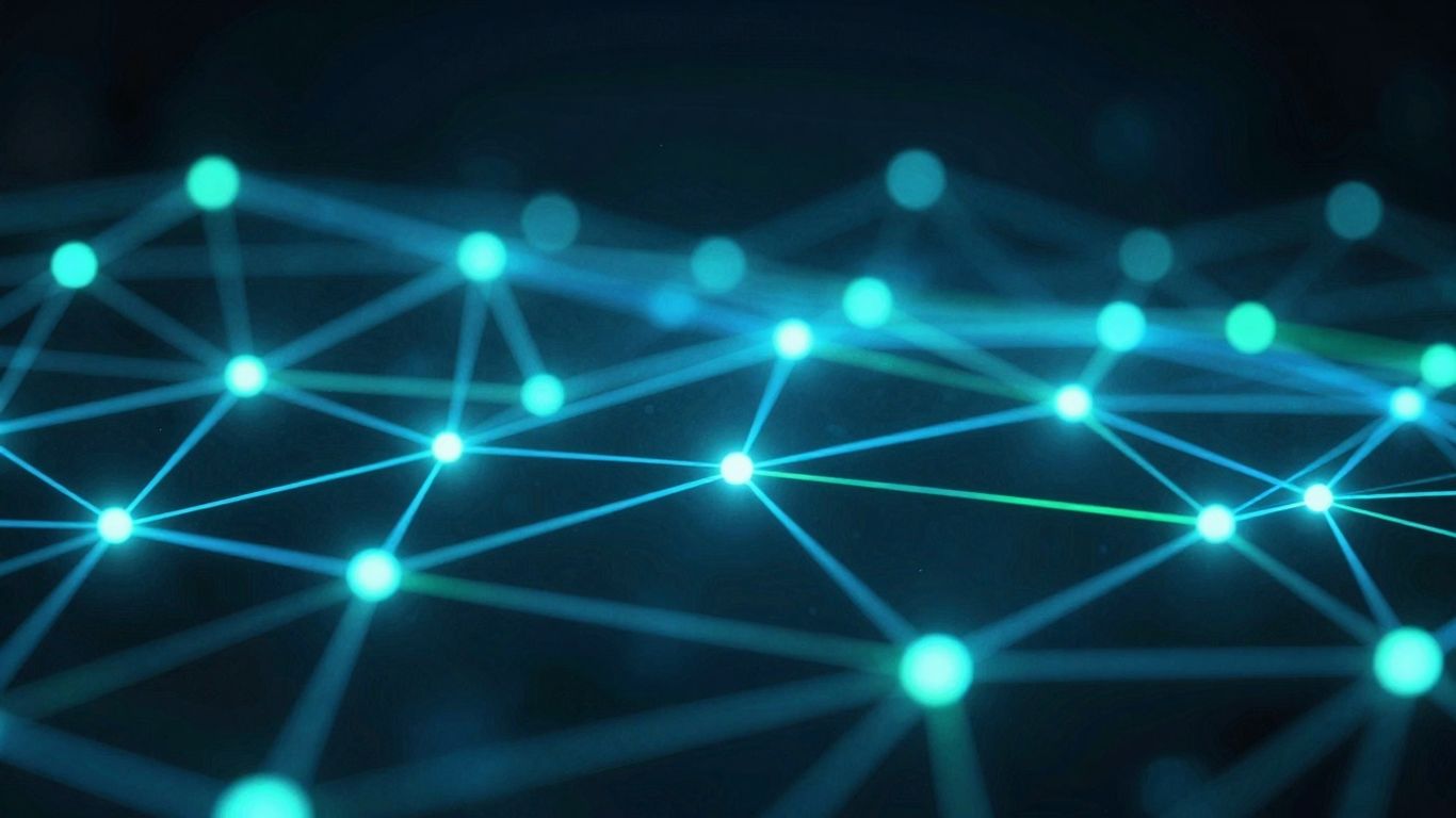 Abstract network of glowing digital lines and nodes.