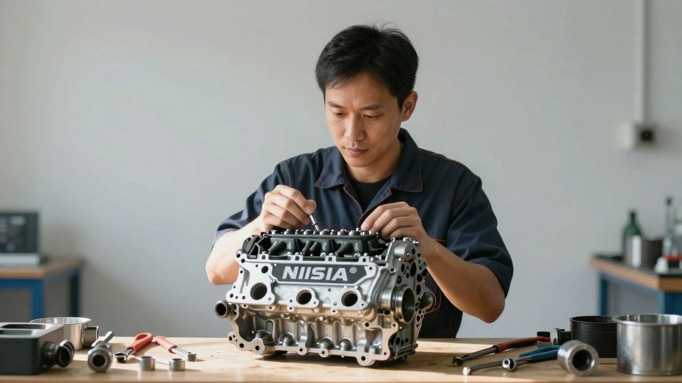 Mechanic inspecting a high-quality Nissan engine part.