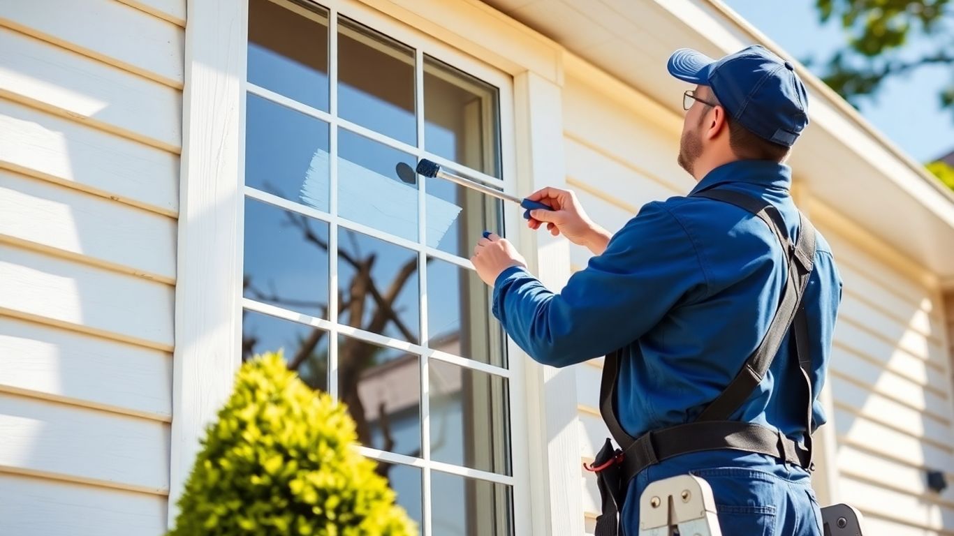 Painter applying white paint to house exterior.