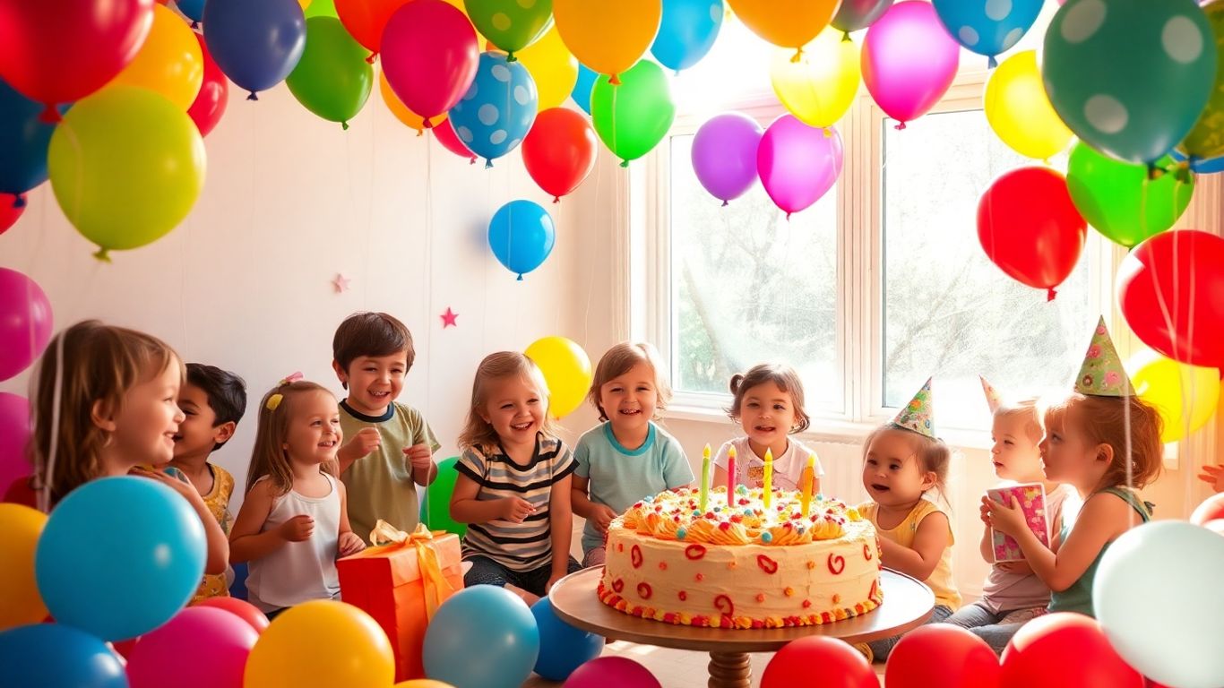 Children celebrating a birthday party with balloons and cake.
