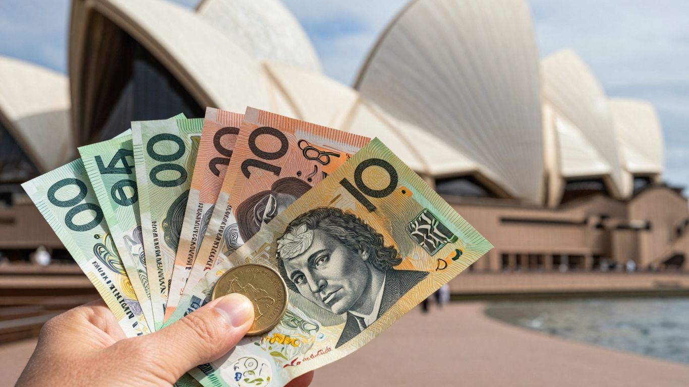 Australian currency and Sydney Opera House.
