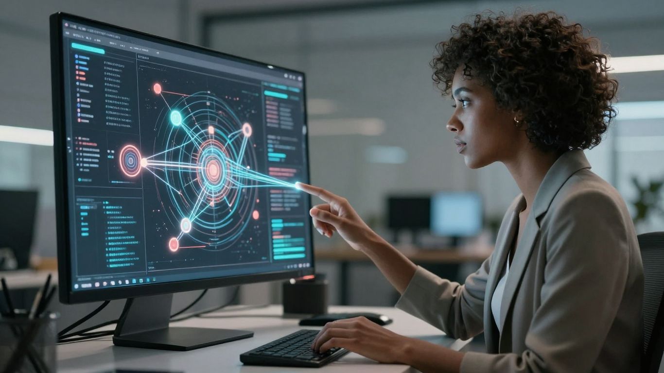 AI agent interface with glowing data streams.