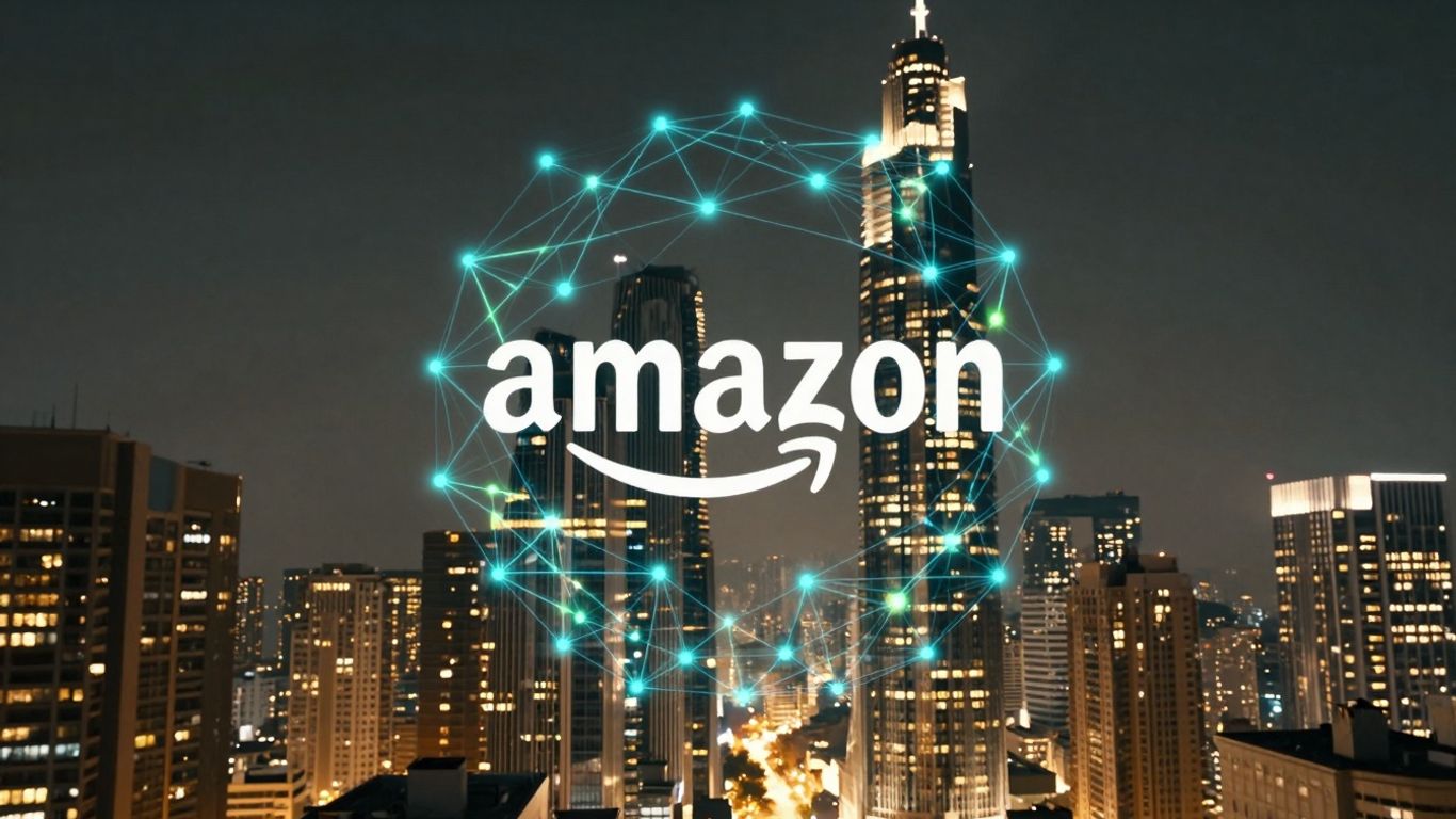 Amazon logo integrated into a futuristic blockchain cityscape.