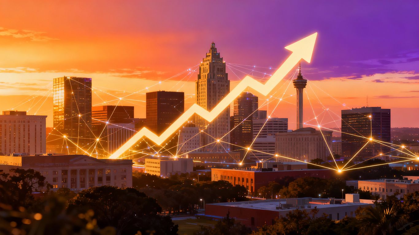 San Antonio skyline with growth arrow and network lines.