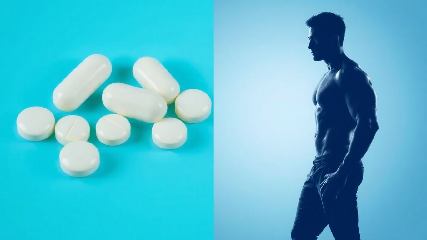 Anavar pills and male physique silhouette.