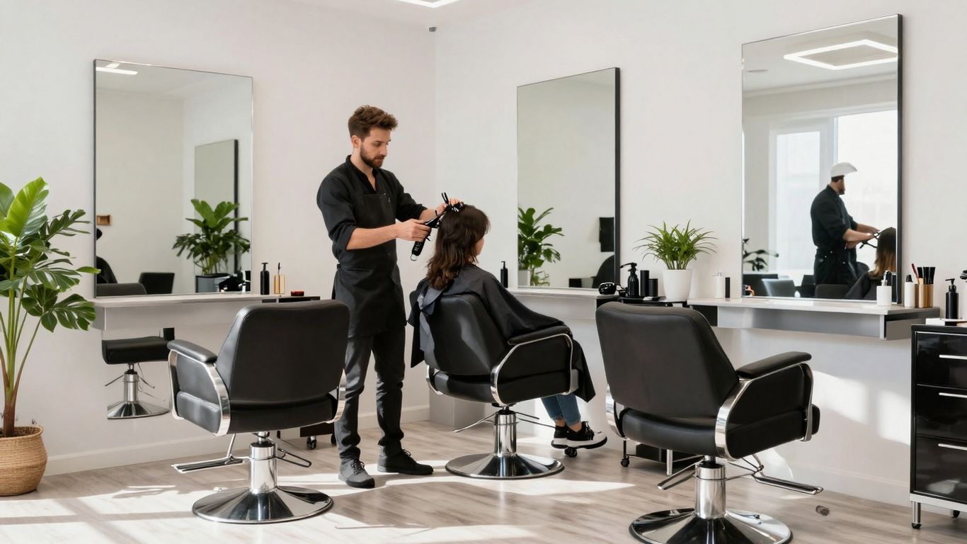 Stylish hair salon interior with clients and stylists.