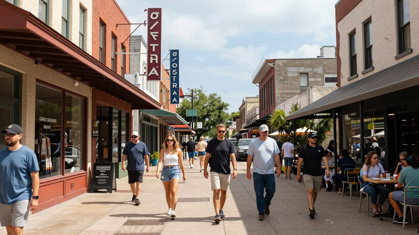 Vibrant street view of South Congress Avenue with colorful buildings.