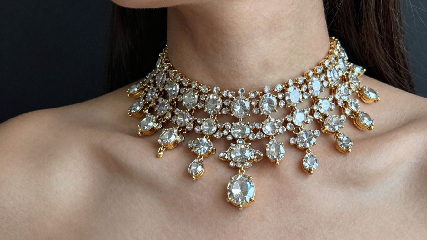 Simple Polki jewellery on a woman's neck.
