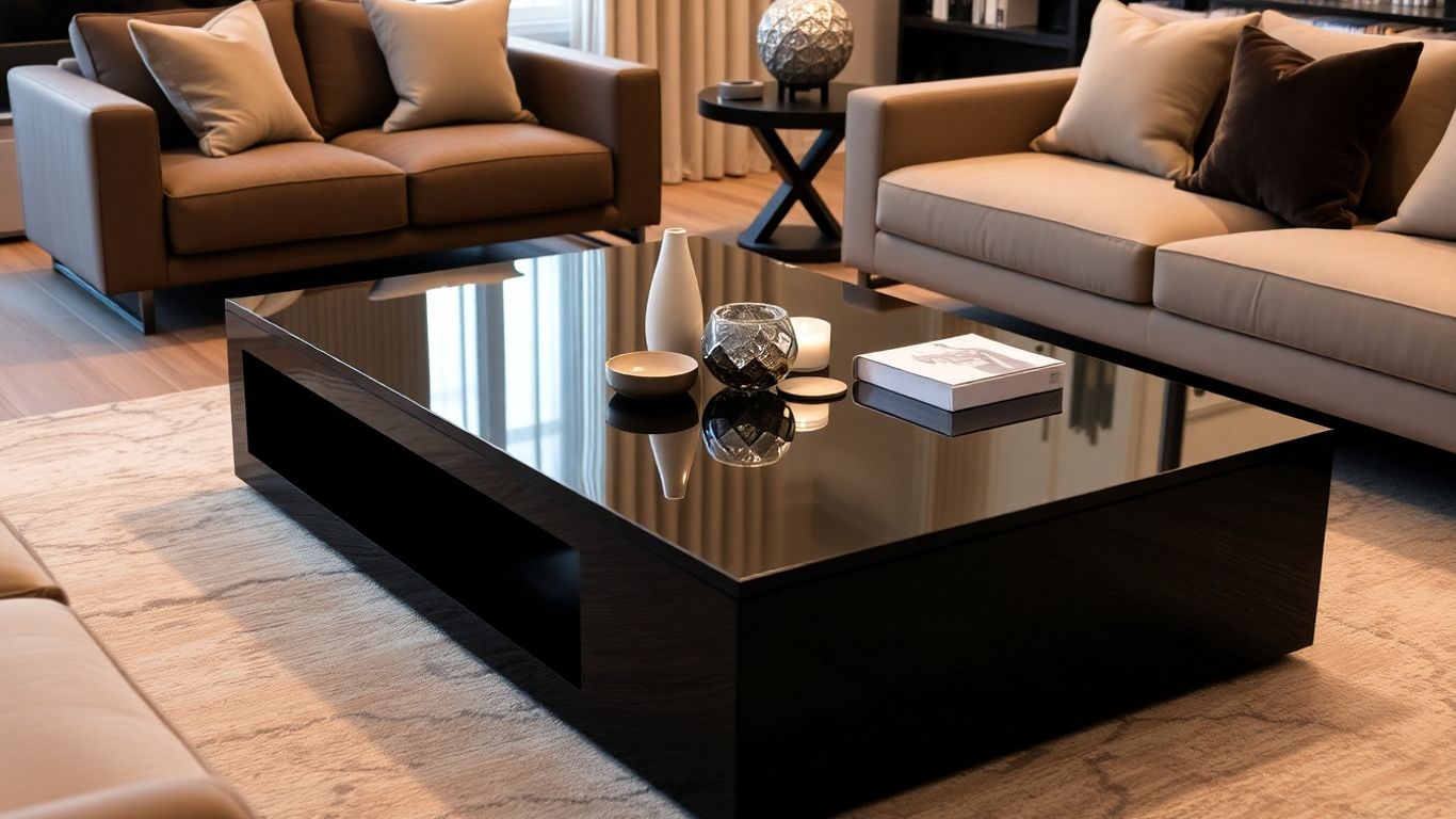 Black coffee table in a modern living room.