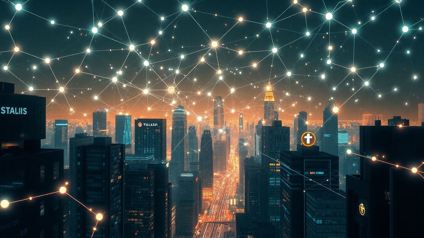 Futuristic cityscape with glowing blockchain connections.