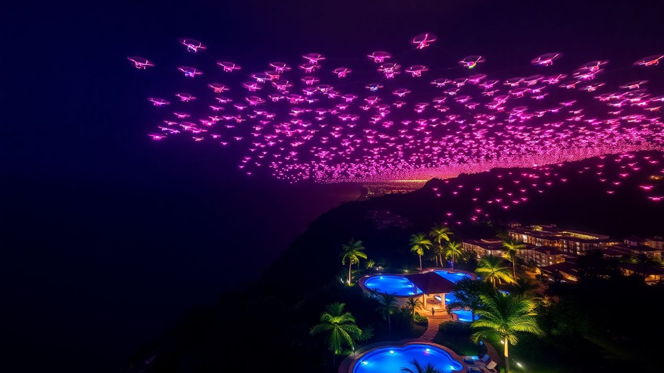 Drone light show over Bali resort at night.