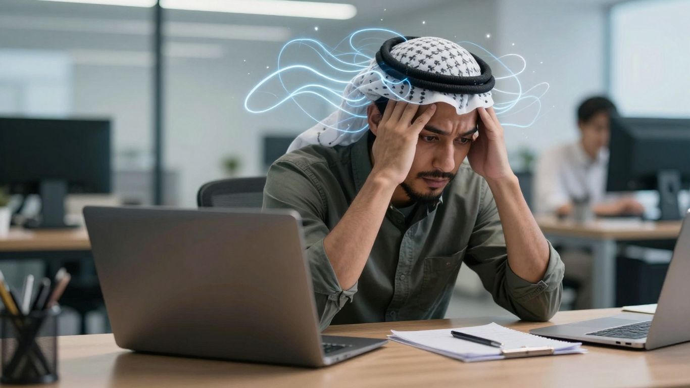 Person stressed by swirling AI lines in an office.