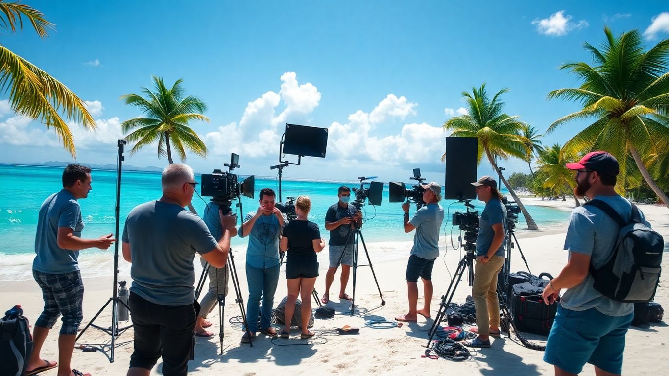 Production audiovisuelle en Guadeloupe, équipe technique sur la plage.
