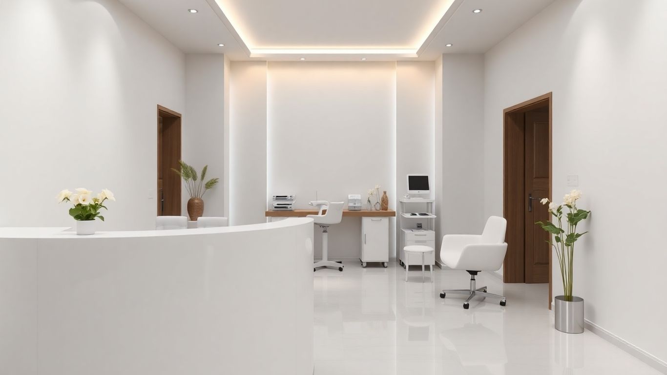 Modern aesthetic clinic interior with reception desk.