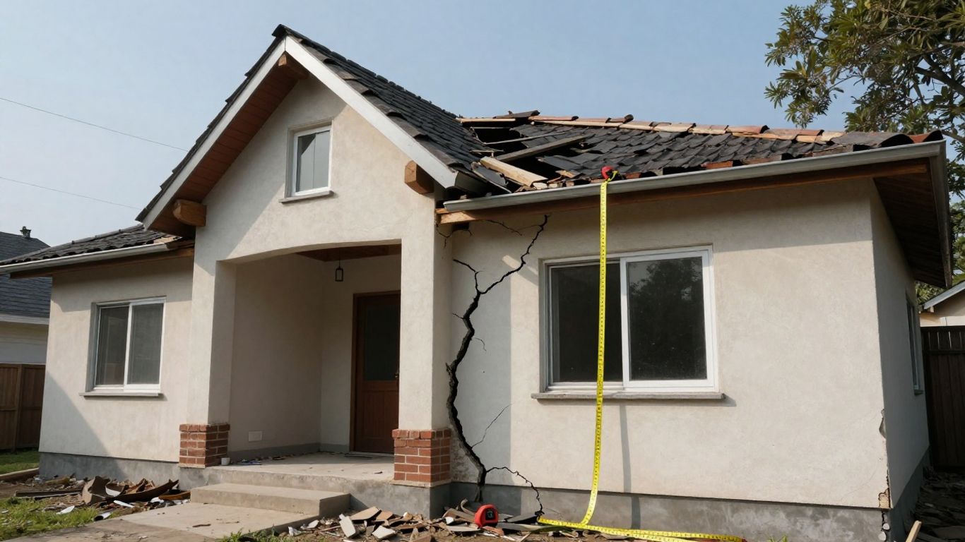 Casa dañada con cinta métrica midiendo el problema.